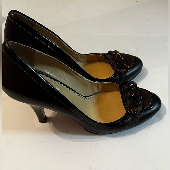 Oscar De La Renta Brown leather high heel 9M Twist Chains On Front - Picture 5 of 9